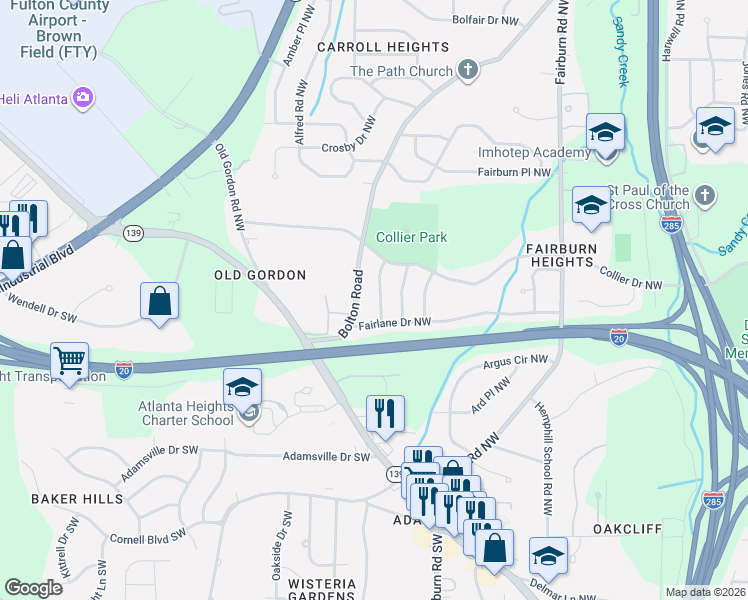map of restaurants, bars, coffee shops, grocery stores, and more near 444 Fairlock Lane Northwest in Atlanta