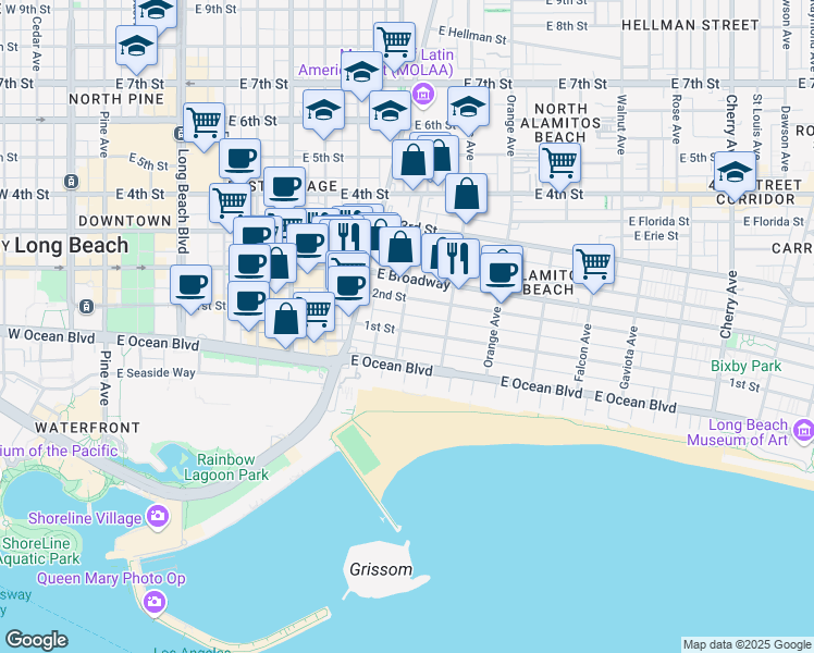 map of restaurants, bars, coffee shops, grocery stores, and more near 132 Bonito Avenue in Long Beach