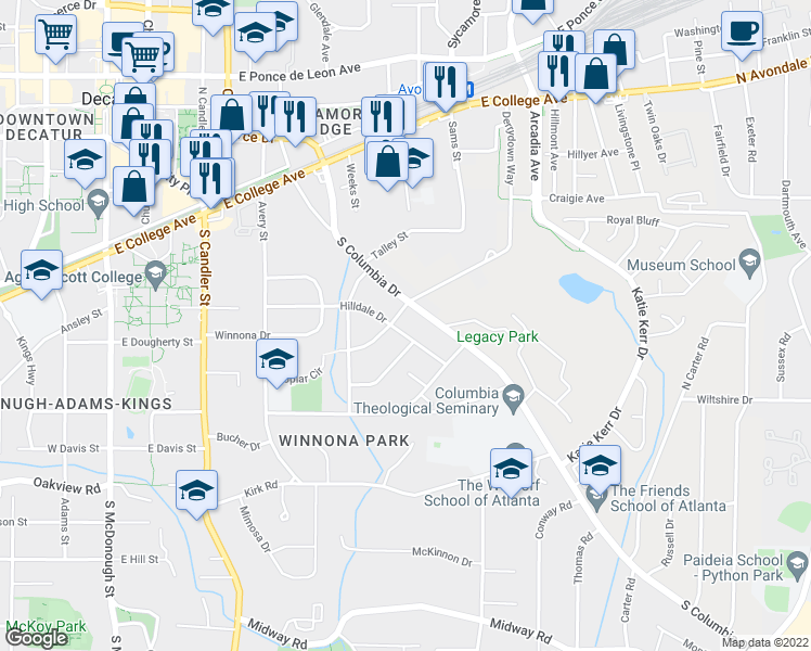map of restaurants, bars, coffee shops, grocery stores, and more near 412 Hilldale Drive in Decatur