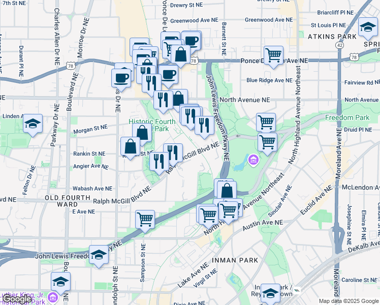 map of restaurants, bars, coffee shops, grocery stores, and more near 794 Ralph McGill Boulevard Northeast in Atlanta