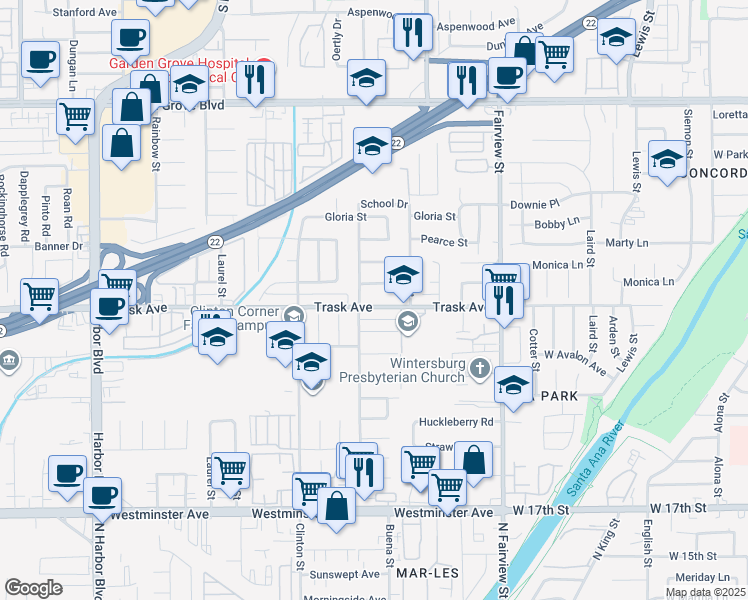 map of restaurants, bars, coffee shops, grocery stores, and more near 12681 Trask Avenue in Garden Grove