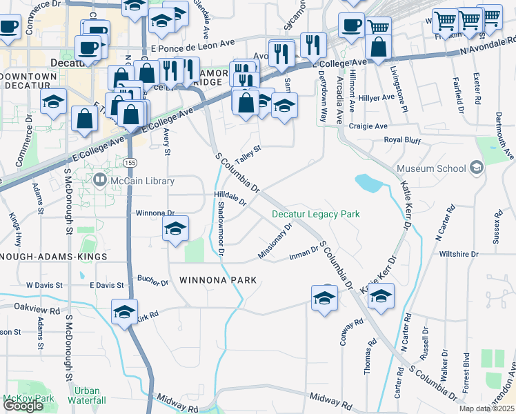 map of restaurants, bars, coffee shops, grocery stores, and more near in Decatur