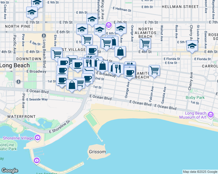 map of restaurants, bars, coffee shops, grocery stores, and more near 1037 East 1st Street in Long Beach