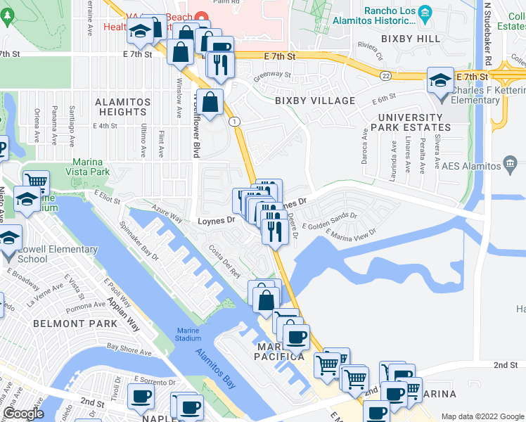 map of restaurants, bars, coffee shops, grocery stores, and more near 5913 Pacific Coast Hwy in Long Beach