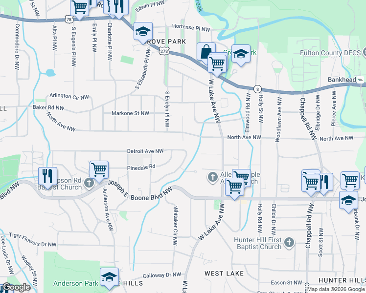 map of restaurants, bars, coffee shops, grocery stores, and more near 1718 North Avenue Northwest in Atlanta