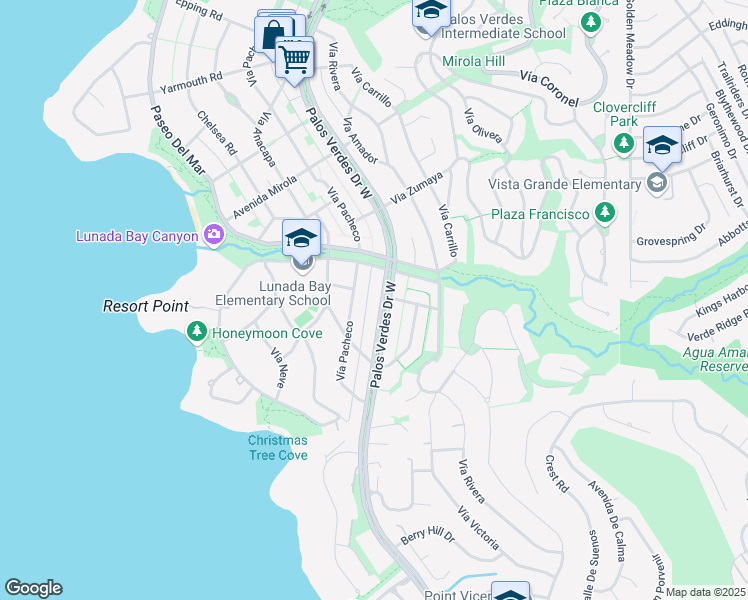 map of restaurants, bars, coffee shops, grocery stores, and more near 2801 Palos Verdes Drive West in Palos Verdes Estates