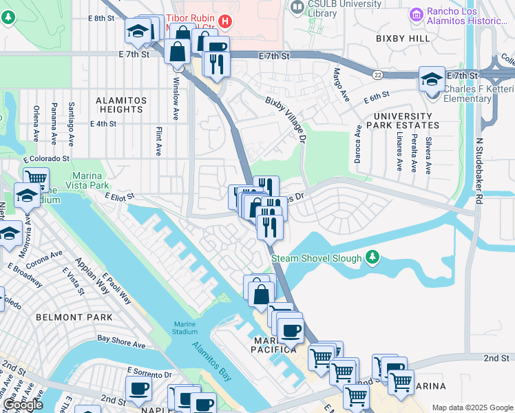 map of restaurants, bars, coffee shops, grocery stores, and more near Pacific Coast Highway & Loynes Drive in Long Beach