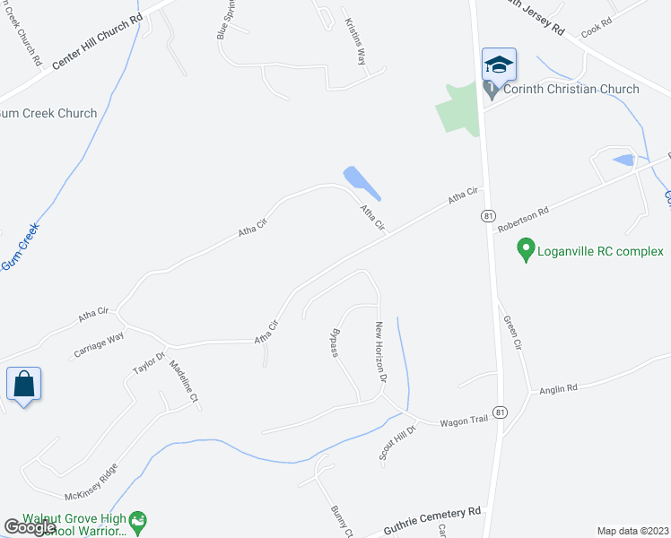 map of restaurants, bars, coffee shops, grocery stores, and more near 4550 Atha Circle in Loganville