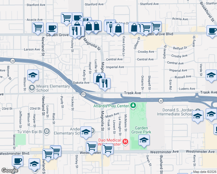 map of restaurants, bars, coffee shops, grocery stores, and more near 13392 Magnolia Street in Garden Grove