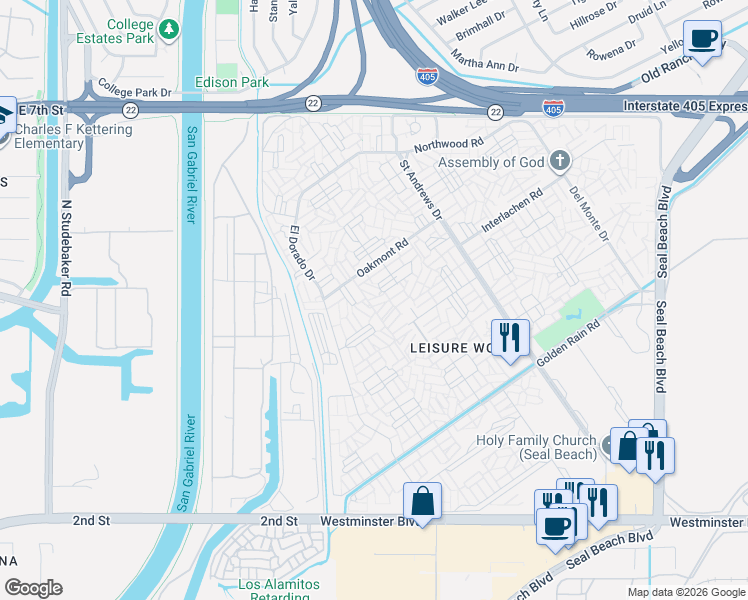map of restaurants, bars, coffee shops, grocery stores, and more near 1260 Oakmont Road in Seal Beach