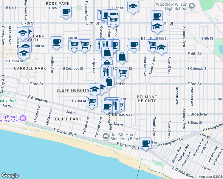 map of restaurants, bars, coffee shops, grocery stores, and more near in Long Beach
