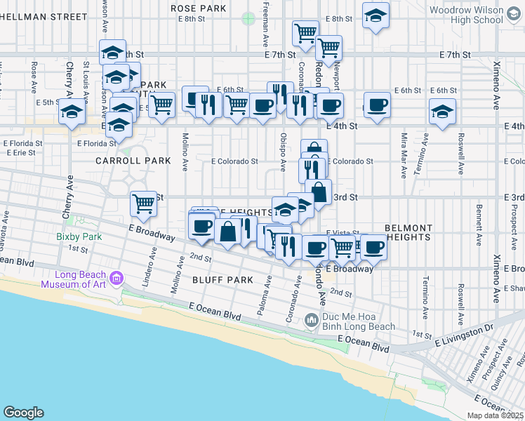 map of restaurants, bars, coffee shops, grocery stores, and more near 292 Orizaba Avenue in Long Beach