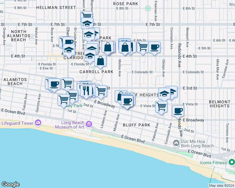 map of restaurants, bars, coffee shops, grocery stores, and more near 2622 East 3rd Street in Long Beach