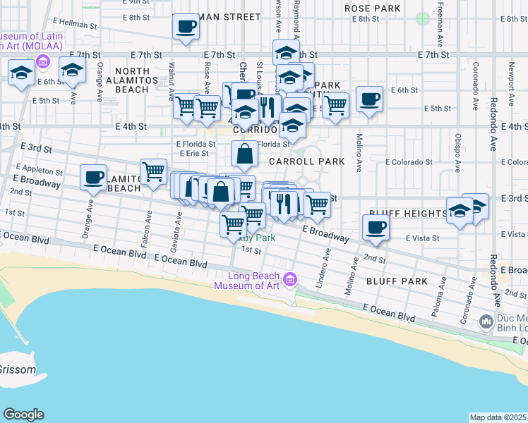map of restaurants, bars, coffee shops, grocery stores, and more near 2027 East Appleton Street in Long Beach