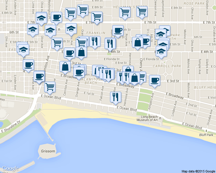 map of restaurants, bars, coffee shops, grocery stores, and more near 1509 East Broadway in Long Beach