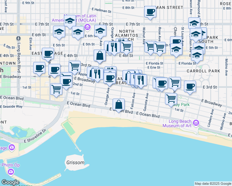 map of restaurants, bars, coffee shops, grocery stores, and more near 1231 2nd Street in Long Beach