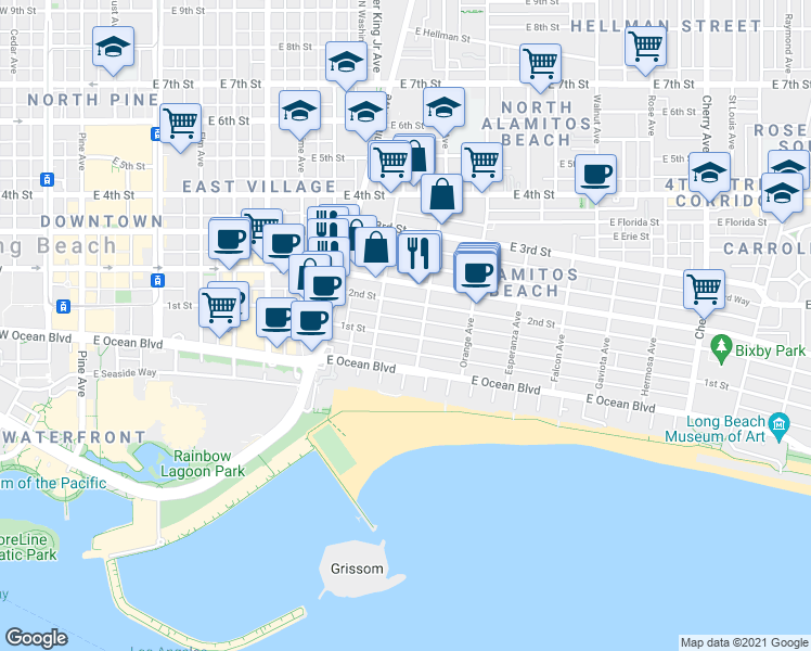 map of restaurants, bars, coffee shops, grocery stores, and more near 1066 2nd Street in Long Beach