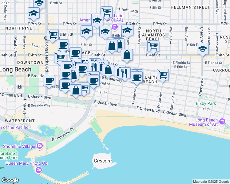 map of restaurants, bars, coffee shops, grocery stores, and more near 132 Bonito Avenue in Long Beach