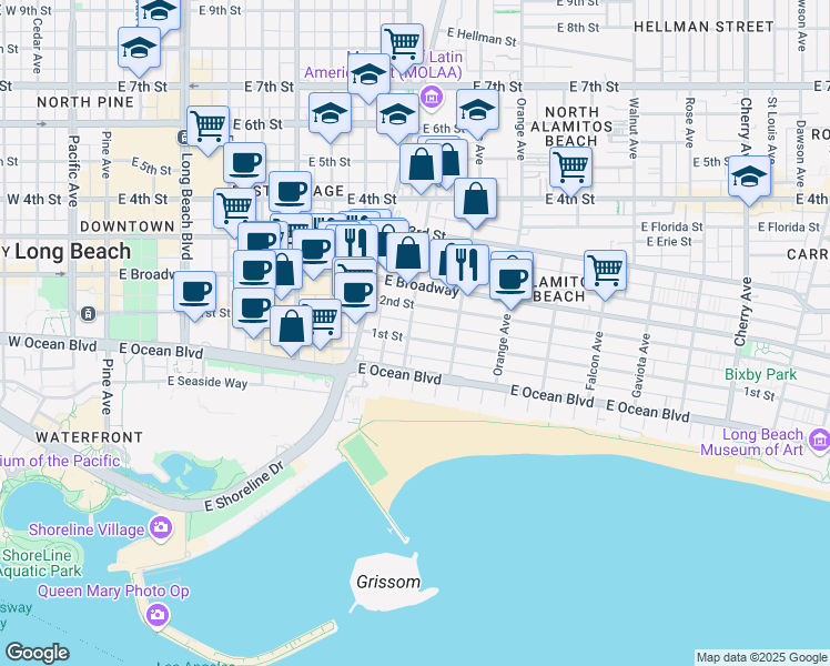 map of restaurants, bars, coffee shops, grocery stores, and more near in Long Beach
