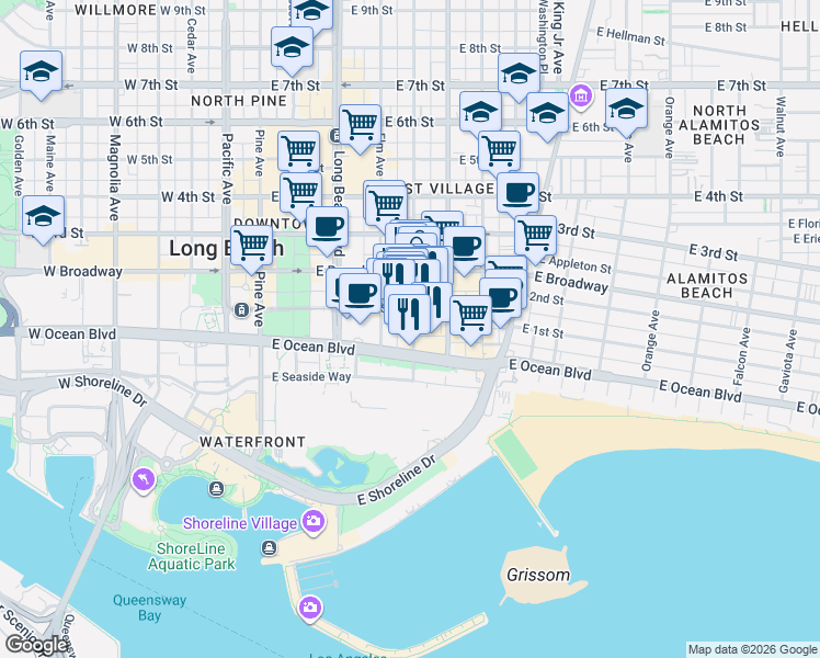 map of restaurants, bars, coffee shops, grocery stores, and more near 67 Linden Avenue in Long Beach