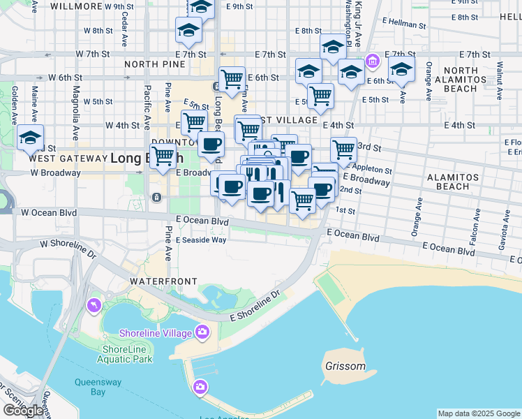 map of restaurants, bars, coffee shops, grocery stores, and more near 67 Linden Avenue in Long Beach