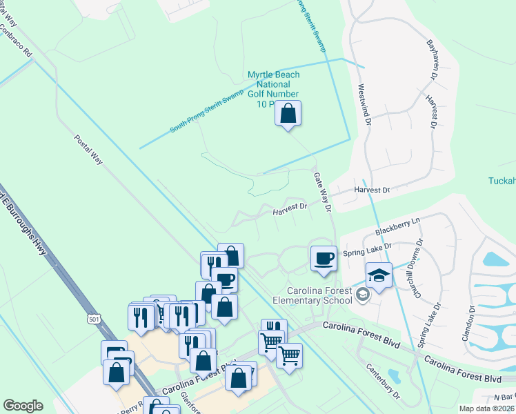 map of restaurants, bars, coffee shops, grocery stores, and more near 4990 Windsor Green Way in Myrtle Beach