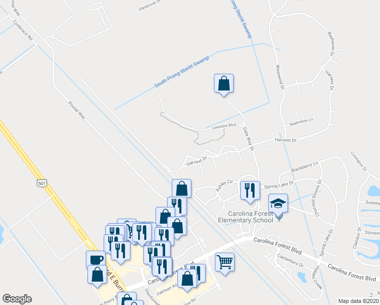 map of restaurants, bars, coffee shops, grocery stores, and more near 5040 Windsor Green Way in Myrtle Beach