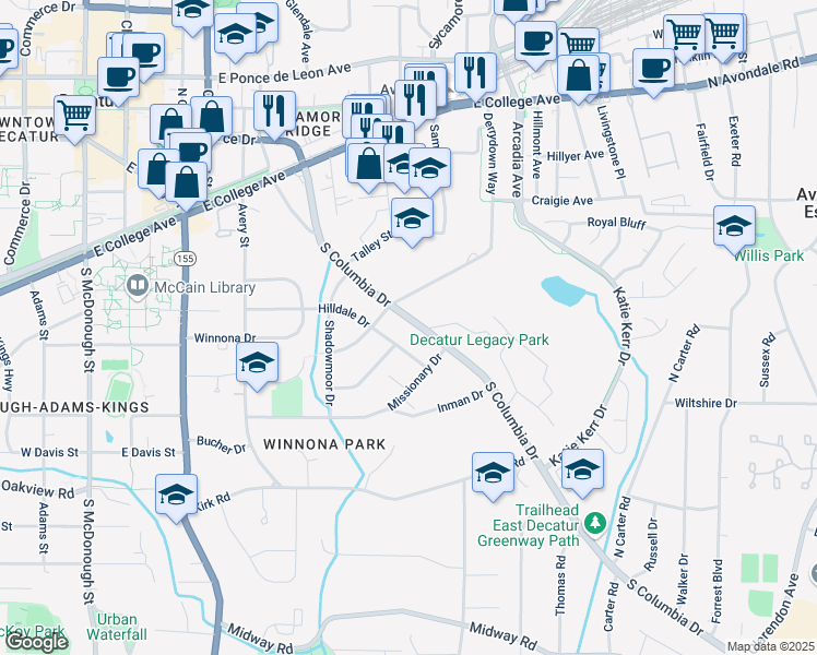 map of restaurants, bars, coffee shops, grocery stores, and more near 427 South Columbia Drive in Decatur