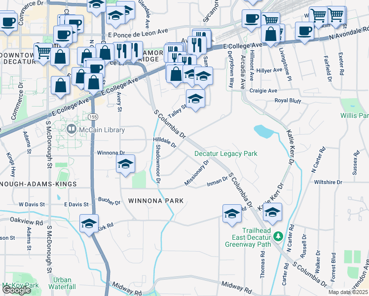 map of restaurants, bars, coffee shops, grocery stores, and more near 412 Hilldale Drive in Decatur