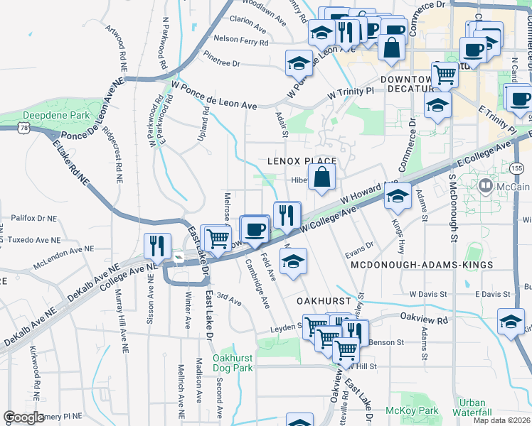 map of restaurants, bars, coffee shops, grocery stores, and more near 211 Lansdowne Avenue in Decatur