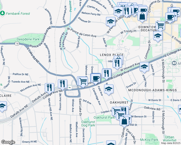 map of restaurants, bars, coffee shops, grocery stores, and more near 225 Drexel Avenue in Decatur