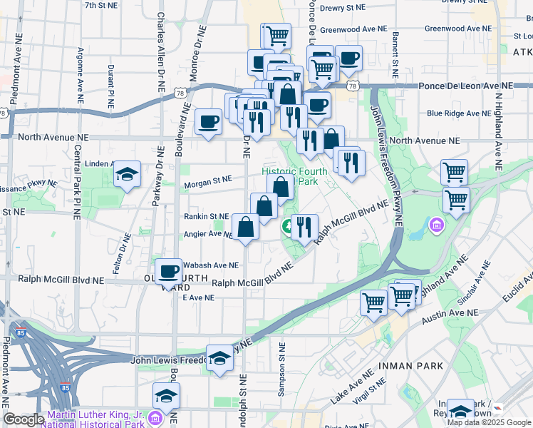 map of restaurants, bars, coffee shops, grocery stores, and more near 497 Wilmer Street Northeast in Atlanta