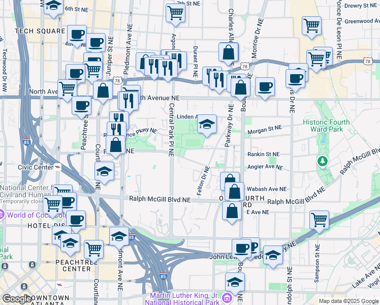 map of restaurants, bars, coffee shops, grocery stores, and more near 333 Pine Street Southeast in Atlanta