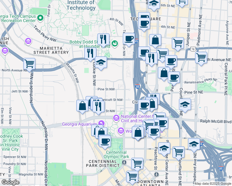 map of restaurants, bars, coffee shops, grocery stores, and more near in Atlanta