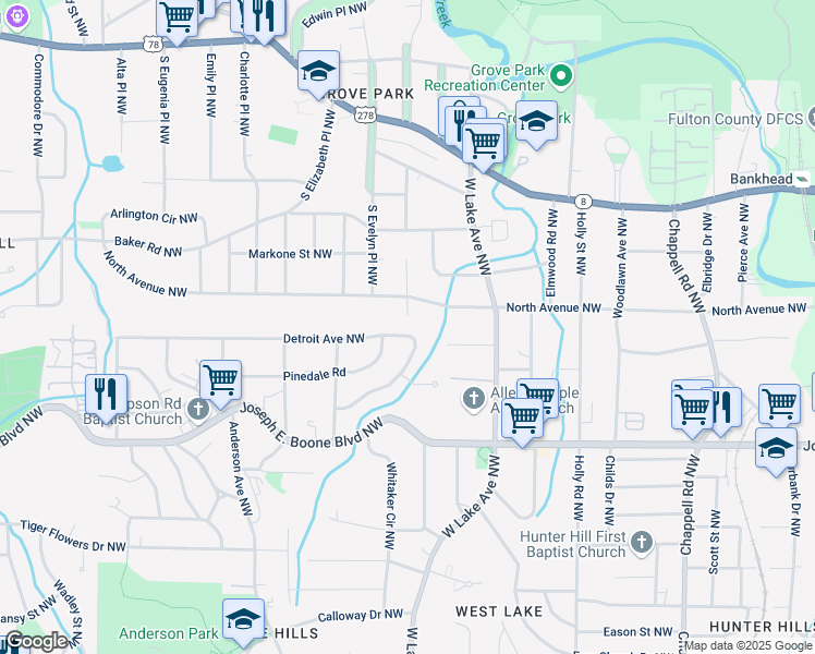 map of restaurants, bars, coffee shops, grocery stores, and more near 1753 Detroit Avenue Northwest in Atlanta