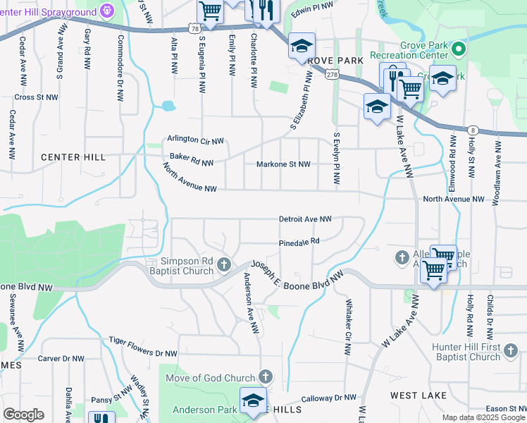 map of restaurants, bars, coffee shops, grocery stores, and more near Detroit Avenue Northwest in Atlanta