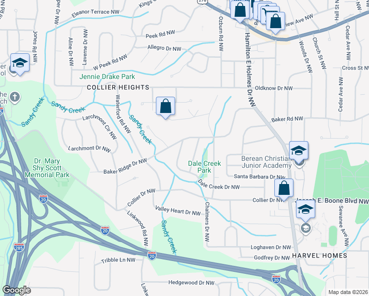 map of restaurants, bars, coffee shops, grocery stores, and more near 462 Forrest Ridge Drive Northwest in Atlanta