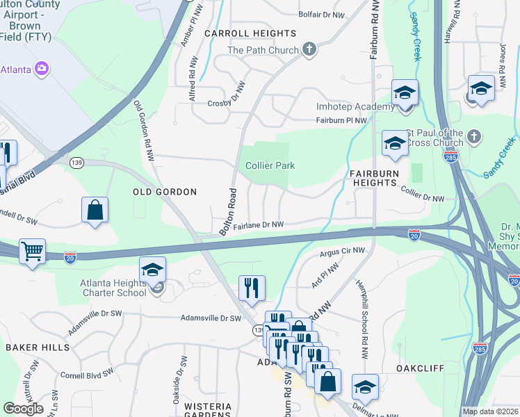 map of restaurants, bars, coffee shops, grocery stores, and more near 462 Fedora Way Northwest in Atlanta