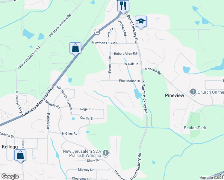 map of restaurants, bars, coffee shops, grocery stores, and more near 4087 Lakeland Hills Drive in Douglasville