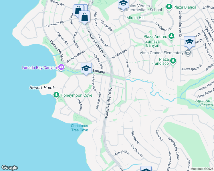 map of restaurants, bars, coffee shops, grocery stores, and more near 2801 Palos Verdes Drive West in Palos Verdes Estates