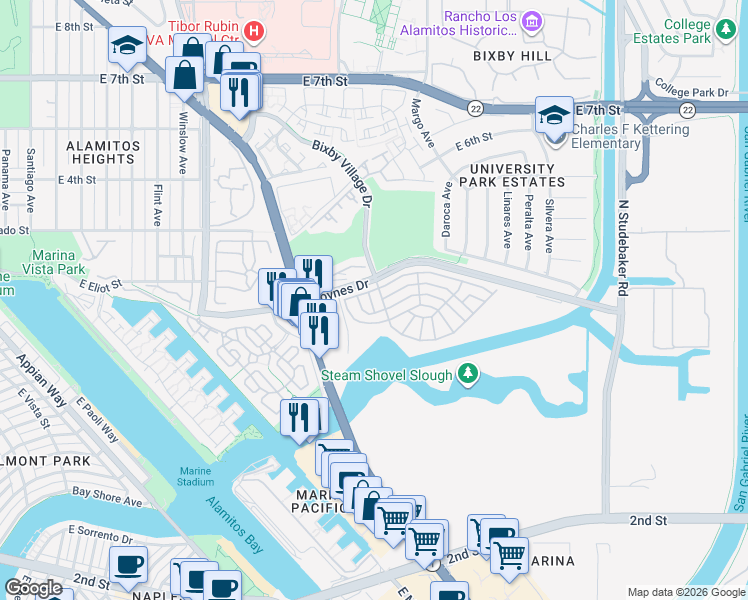 map of restaurants, bars, coffee shops, grocery stores, and more near 306 North Jade Cove Drive in Long Beach