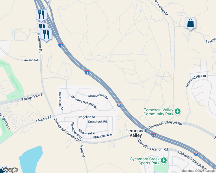 map of restaurants, bars, coffee shops, grocery stores, and more near Corona Freeway in Corona