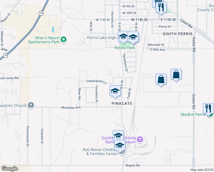 map of restaurants, bars, coffee shops, grocery stores, and more near 595 Celebration Lane in Perris