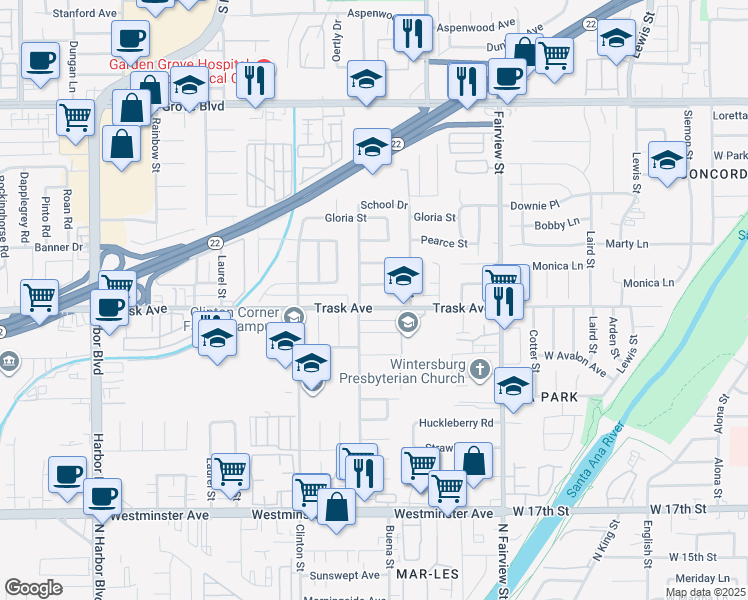 map of restaurants, bars, coffee shops, grocery stores, and more near 12681 Trask Avenue in Garden Grove