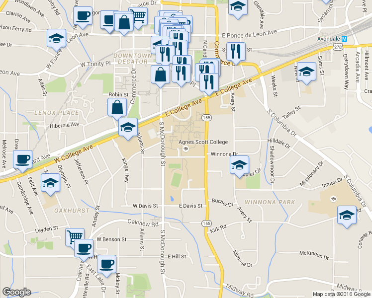 map of restaurants, bars, coffee shops, grocery stores, and more near 141 East College Avenue in Decatur