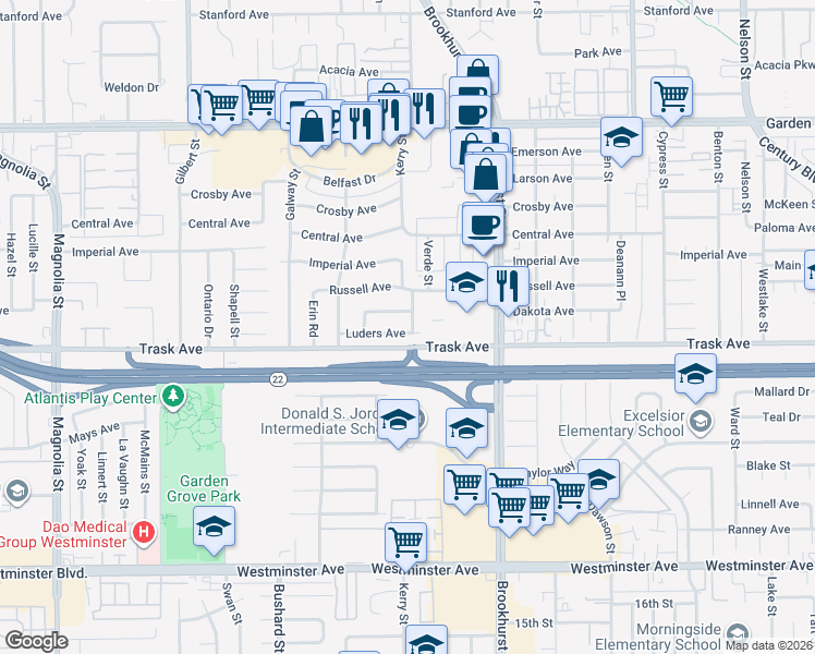 map of restaurants, bars, coffee shops, grocery stores, and more near 9781 Dakota Avenue in Garden Grove