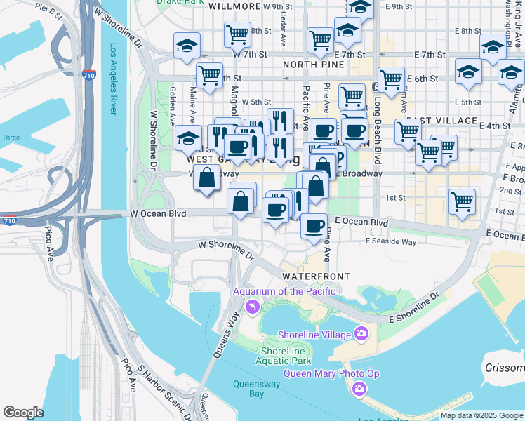 map of restaurants, bars, coffee shops, grocery stores, and more near 333 West Ocean Boulevard in Long Beach