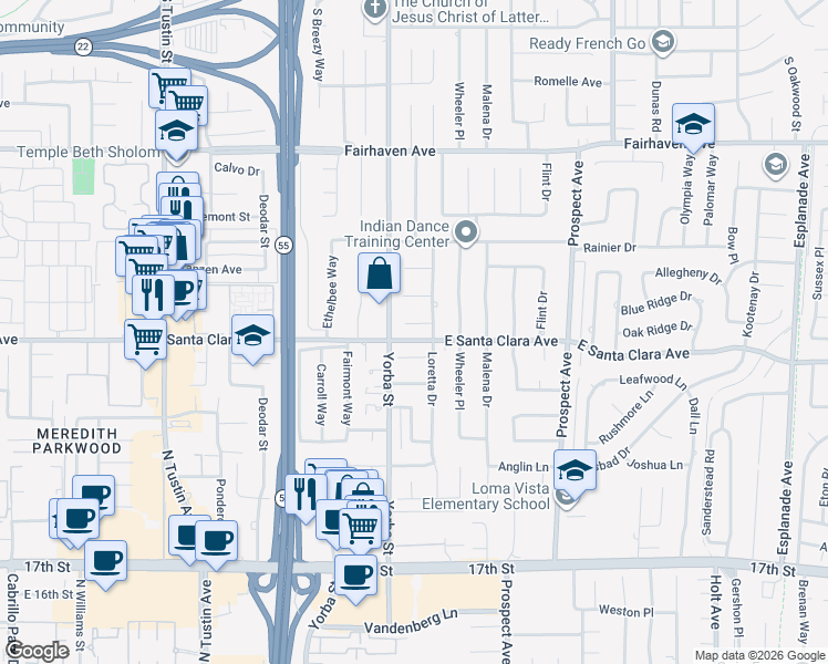 map of restaurants, bars, coffee shops, grocery stores, and more near 17552 Eddy Drive in Santa Ana