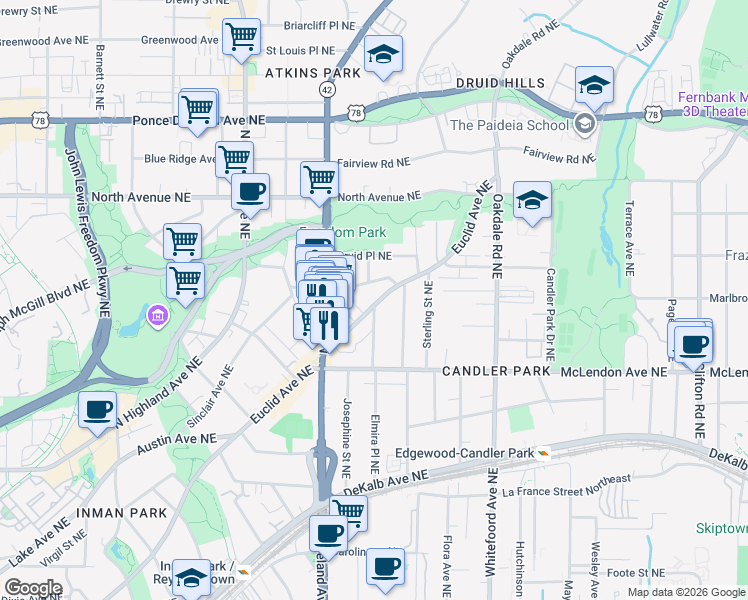 map of restaurants, bars, coffee shops, grocery stores, and more near 1258 Euclid Avenue Northeast in Atlanta