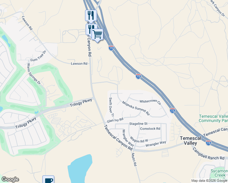 map of restaurants, bars, coffee shops, grocery stores, and more near 10052 Greenhorn Court in Corona